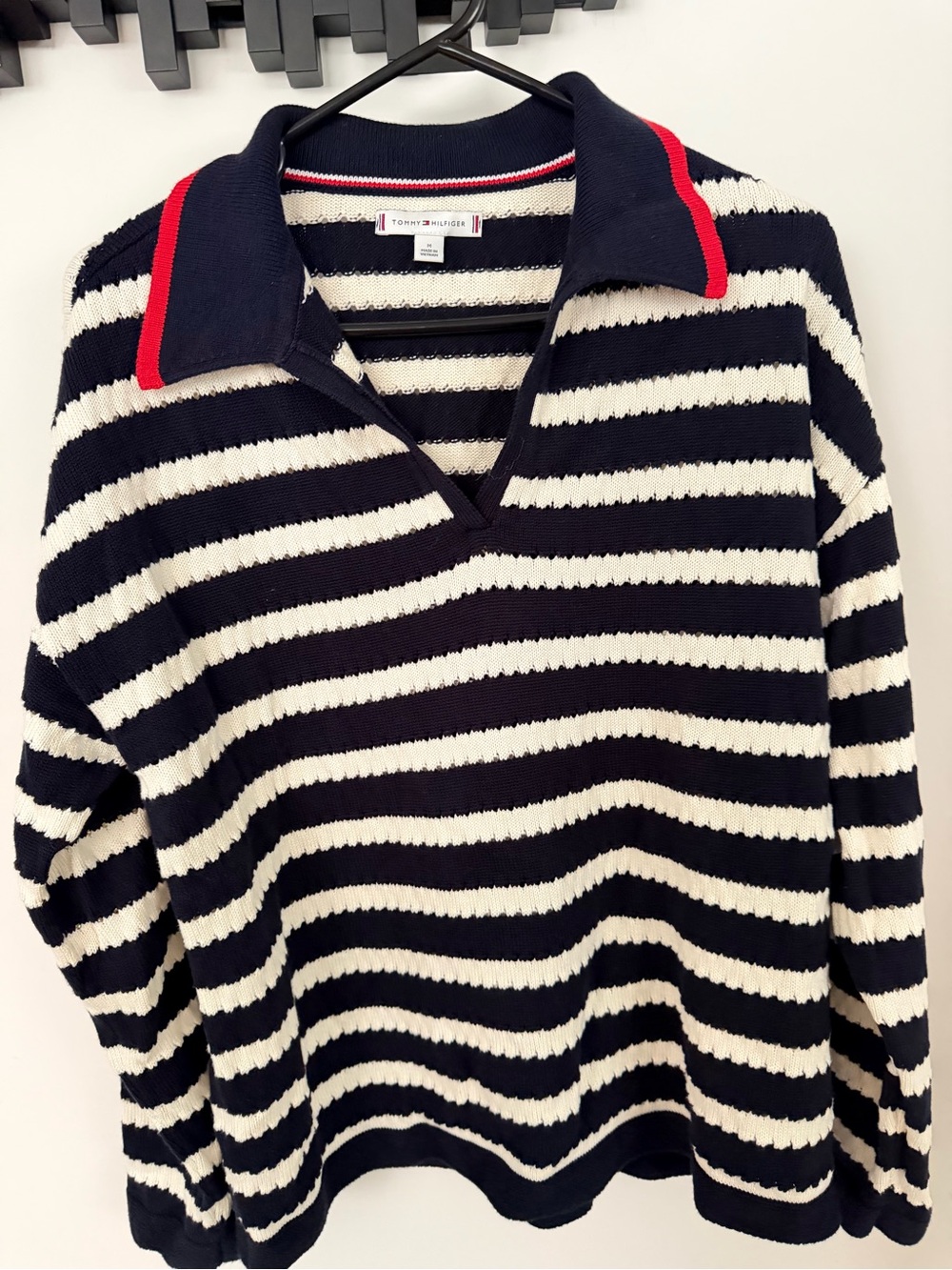 Tommy Striped Navy and White Polo Sweater with Red-Trim Collar Size M - Picture 7 of 10